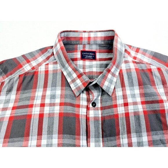 Untuckit Size 3XL Mens Gray White Red Check Long Sleeve Cotton Logo Shirt - Picture 10 of 10